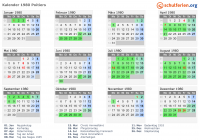 Kalender 1980 mit Ferien und Feiertagen Poitiers