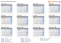 Kalender 1980 mit Ferien und Feiertagen Burgenland