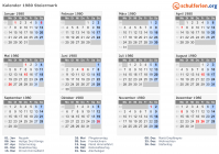 Kalender 1980 mit Ferien und Feiertagen Steiermark