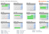 Kalender 1981 mit Ferien und Feiertagen Baden-Württemberg