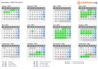 Kalender 1981 mit Ferien und Feiertagen Bremen
