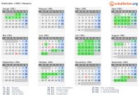 Kalender 1981 mit Ferien und Feiertagen Hessen