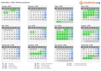 Kalender 1981 mit Ferien und Feiertagen Niedersachsen