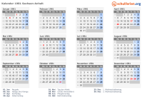 Kalender 1981 mit Ferien und Feiertagen Sachsen-Anhalt