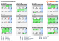 Kalender 1981 mit Ferien und Feiertagen Montpellier