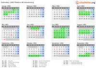 Kalender 1982 mit Ferien und Feiertagen Baden-Württemberg