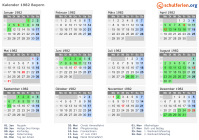 Kalender 1982 mit Ferien und Feiertagen Bayern