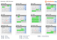 Kalender 1982 mit Ferien und Feiertagen Bremen