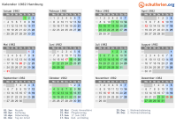 Kalender 1982 mit Ferien und Feiertagen Hamburg