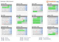 Kalender 1982 mit Ferien und Feiertagen Hessen