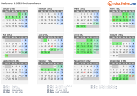 Kalender 1982 mit Ferien und Feiertagen Niedersachsen