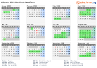 Kalender 1982 mit Ferien und Feiertagen Nordrhein-Westfalen