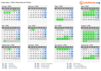 Kalender 1982 mit Ferien und Feiertagen Rheinland-Pfalz