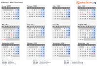 Kalender 1982 mit Ferien und Feiertagen Sachsen