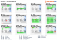 Kalender 1982 mit Ferien und Feiertagen Aix-Marseille