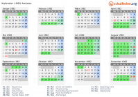Kalender 1982 mit Ferien und Feiertagen Amiens