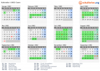 Kalender 1982 mit Ferien und Feiertagen Caen