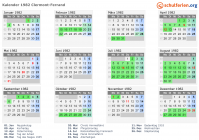Kalender 1982 mit Ferien und Feiertagen Clermont-Ferrand