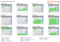 Kalender 1982 mit Ferien und Feiertagen Grenoble