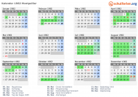 Kalender 1982 mit Ferien und Feiertagen Montpellier