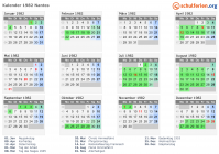 Kalender 1982 mit Ferien und Feiertagen Nantes