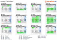 Kalender 1982 mit Ferien und Feiertagen Poitiers
