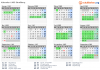 Kalender 1982 mit Ferien und Feiertagen Straßburg