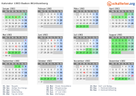 Kalender 1983 mit Ferien und Feiertagen Baden-Württemberg
