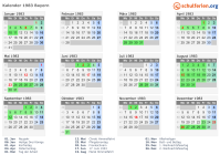 Kalender 1983 mit Ferien und Feiertagen Bayern