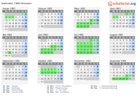 Kalender 1983 mit Ferien und Feiertagen Bremen
