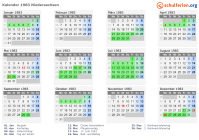 Kalender 1983 mit Ferien und Feiertagen Niedersachsen