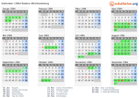 Kalender 1984 mit Ferien und Feiertagen Baden-Württemberg