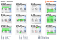 Kalender 1984 mit Ferien und Feiertagen Bayern