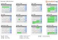 Kalender 1984 mit Ferien und Feiertagen Bremen