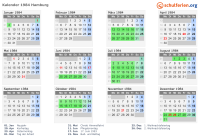 Kalender 1984 mit Ferien und Feiertagen Hamburg