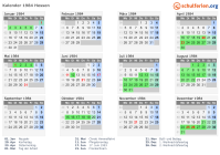 Kalender 1984 mit Ferien und Feiertagen Hessen