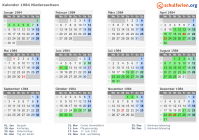 Kalender 1984 mit Ferien und Feiertagen Niedersachsen