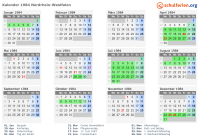 Kalender 1984 mit Ferien und Feiertagen Nordrhein-Westfalen
