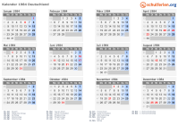 Kalender 1984 mit Ferien und Feiertagen Deutschland