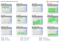 Kalender 1984 mit Ferien und Feiertagen Rheinland-Pfalz