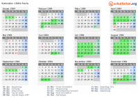 Kalender 1984 mit Ferien und Feiertagen Paris