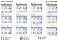 Kalender 1984 mit Ferien und Feiertagen Kärnten