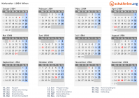 Kalender 1984 mit Ferien und Feiertagen Wien