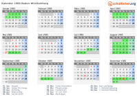 Kalender 1985 mit Ferien und Feiertagen Baden-Württemberg