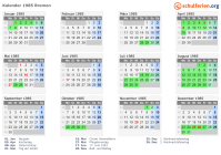 Kalender 1985 mit Ferien und Feiertagen Bremen