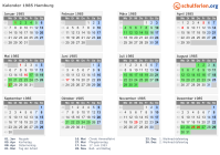 Kalender 1985 mit Ferien und Feiertagen Hamburg