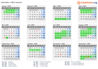 Kalender 1985 mit Ferien und Feiertagen Hessen