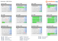 Kalender 1985 mit Ferien und Feiertagen Wien