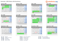 Kalender 1986 mit Ferien und Feiertagen Baden-Württemberg