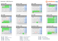 Kalender 1986 mit Ferien und Feiertagen Bayern